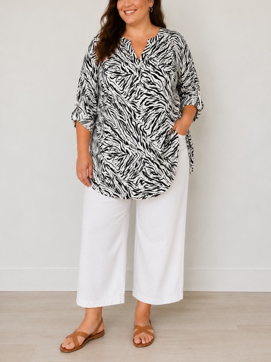 Cynthia Rowley Tops - Cynthia Rowley 100% Linen Zebra Print Button Front Tunic Blouse Black White 1X